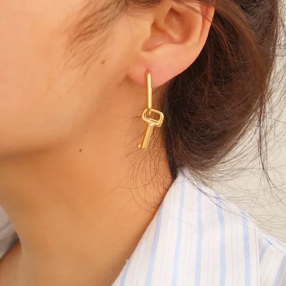 NEW 18K Gold Plated Key Drop Hoop Earrings - Picture 2 of 11
